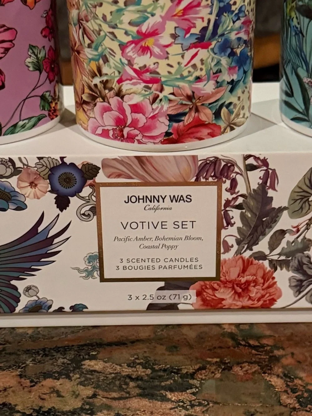 JOHNNY WAS HOME - 3 VOTIVE CANDLES Pacific Amber, Bohemian Bloom, Coastal Poppy